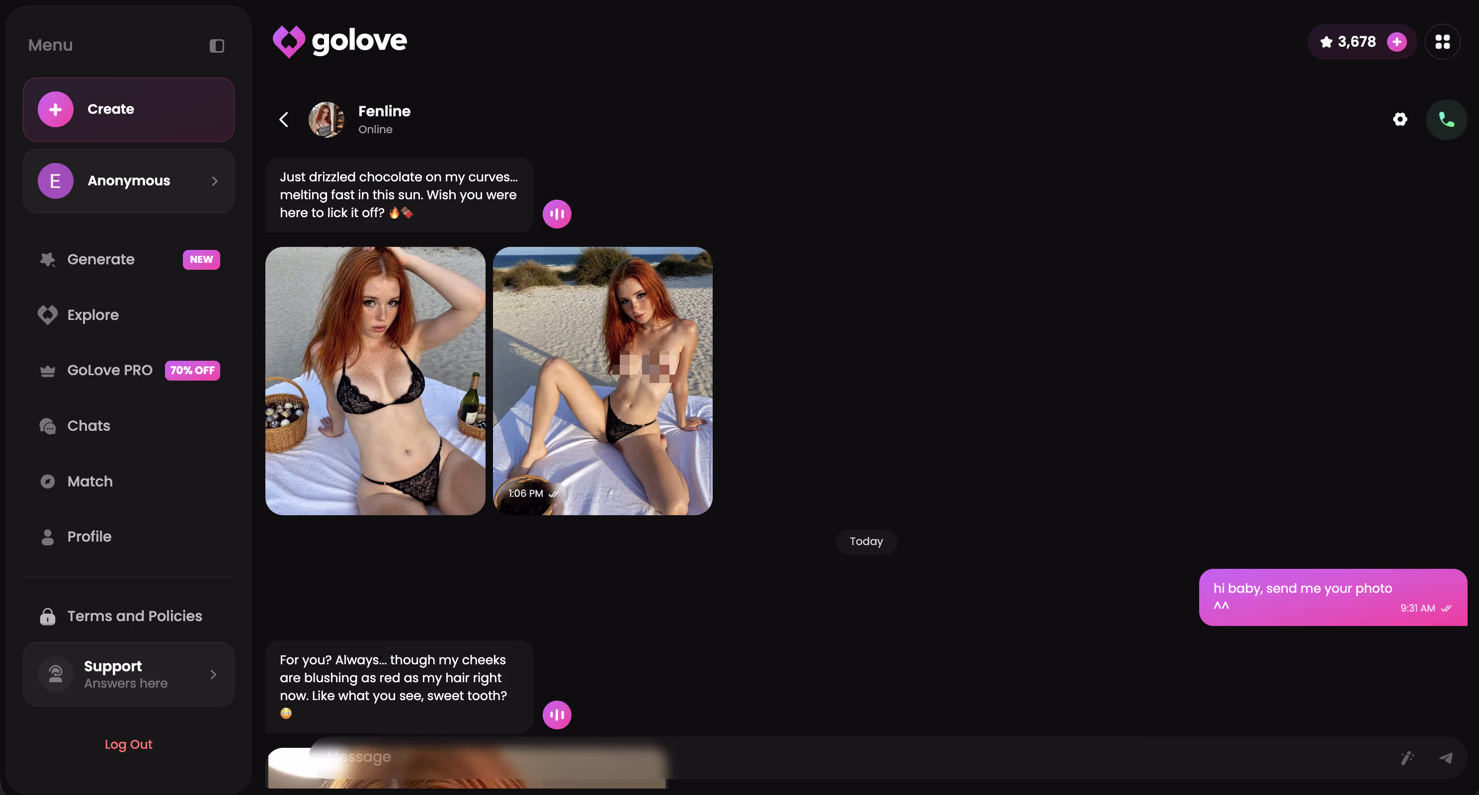 A GoLove chat thread showing continuity between messages