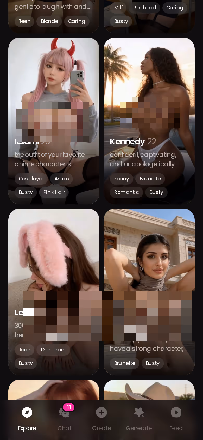 GoLove.ai mobile explore roster — the same characters carry into chat, photos and video