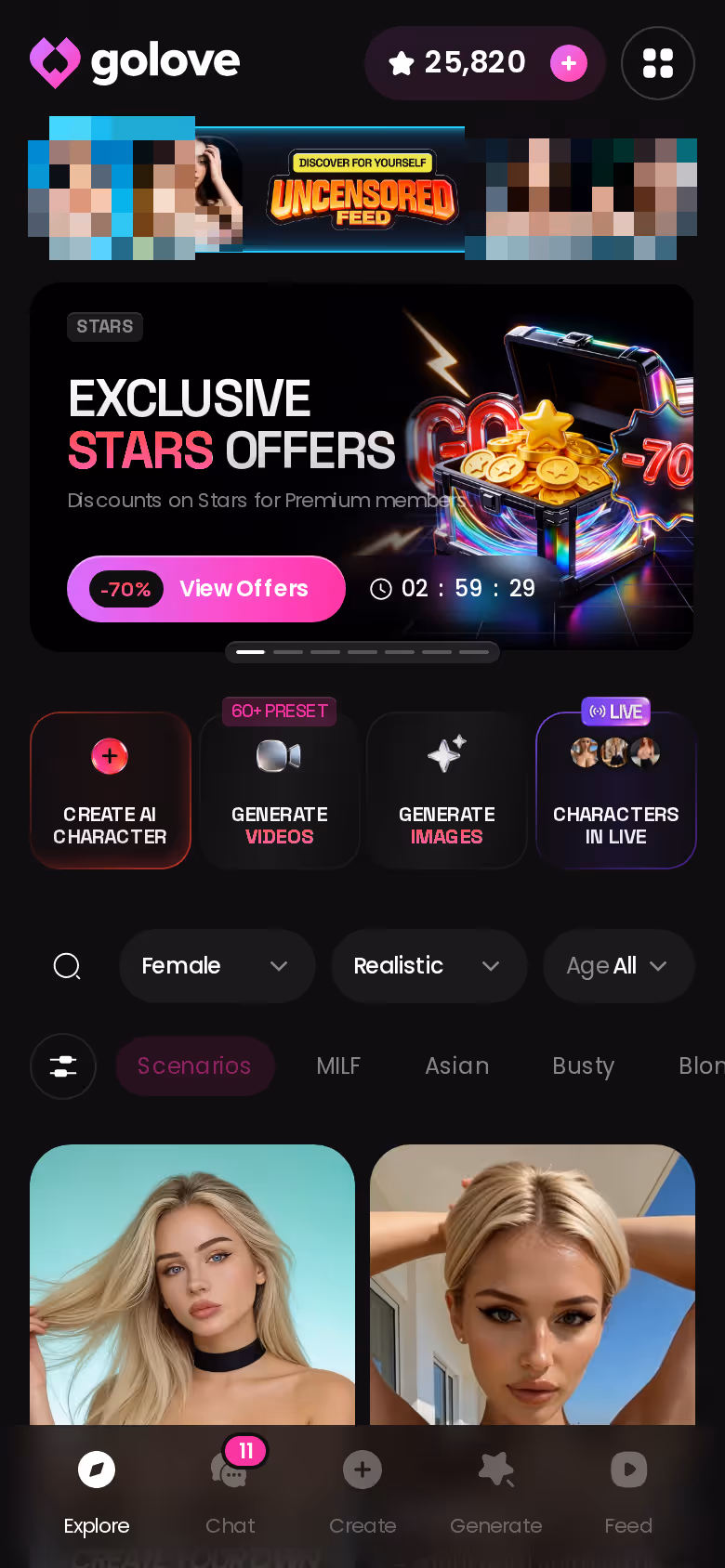 GoLove.ai Explore on mobile — banners, tag chips and the character grid