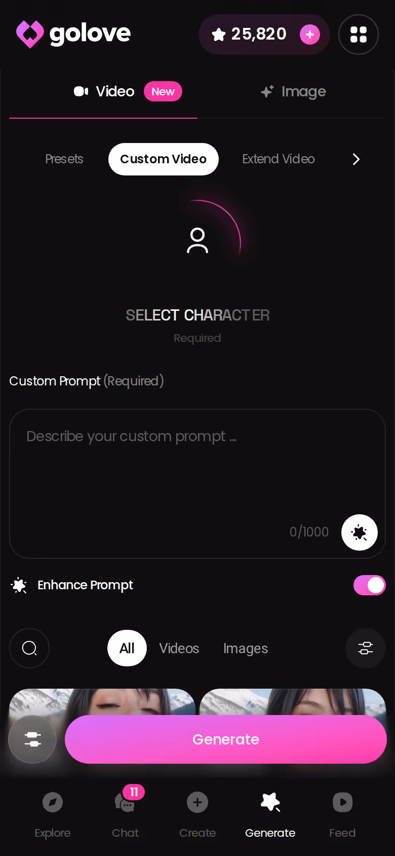 GoLove mobile video generator with a custom character selected and preset cards ready to generate