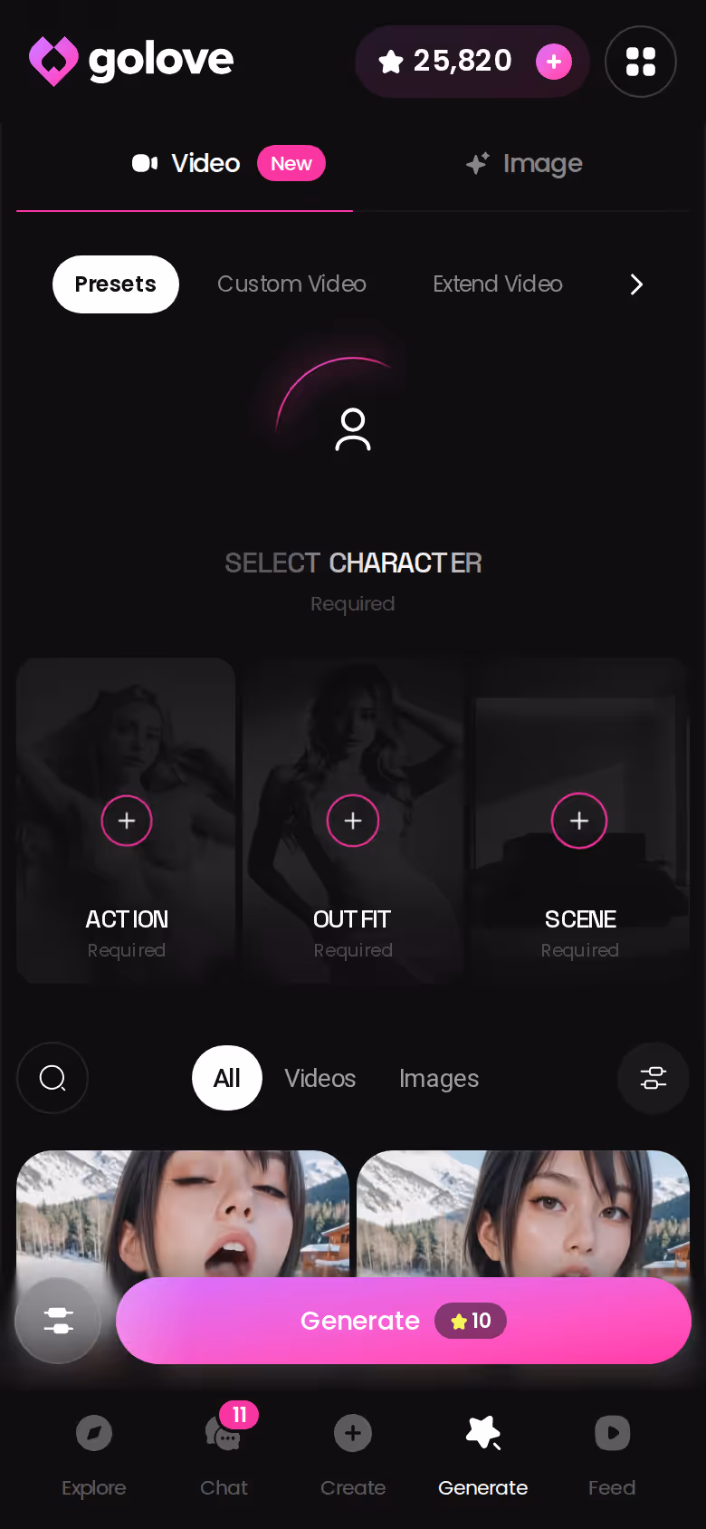 GoLove.ai's Generate hub on mobile — the full mode set is visible before you pay